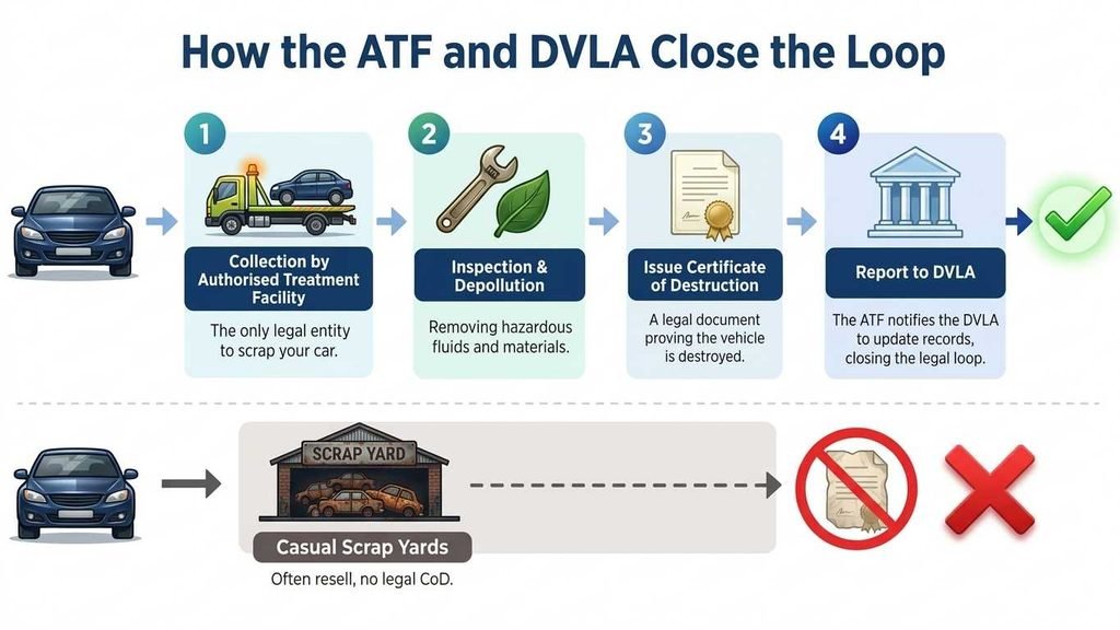 An infographic showing the legal process of scrapping a car via an Authorized Treatment Facility versus an illegal scrap